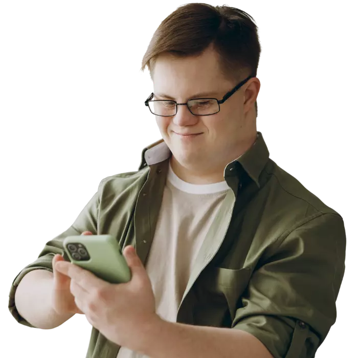 Disabled man with down syndrome making phone call